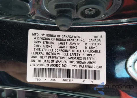 2019 Honda Civic Sport from USA, damaged, VIN 2HGFC2F80KH501500
